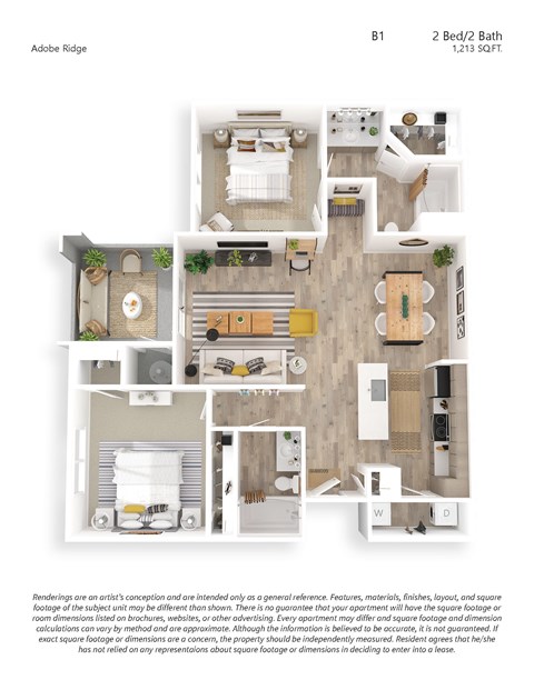 Floor plan for 2 beds, 2 baths, 1213 sqft